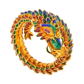 Gold, Multicolored Enamel and Ruby Coiled Dragon Bracelet