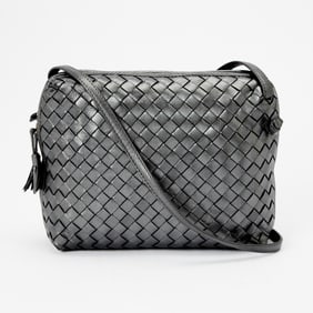 Bottega Veneta Metallic Grey Leather Intrecciato Nodini Crossbody Bag