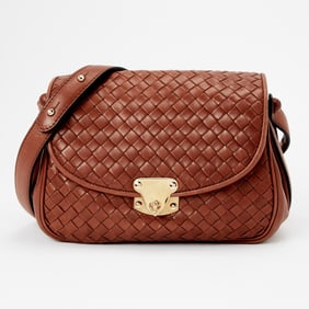 Bottega Veneta Brown Leather Intrecciato Flap Bag