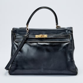 Vintage Hermès Black Box Leather Kelly 35 Bag