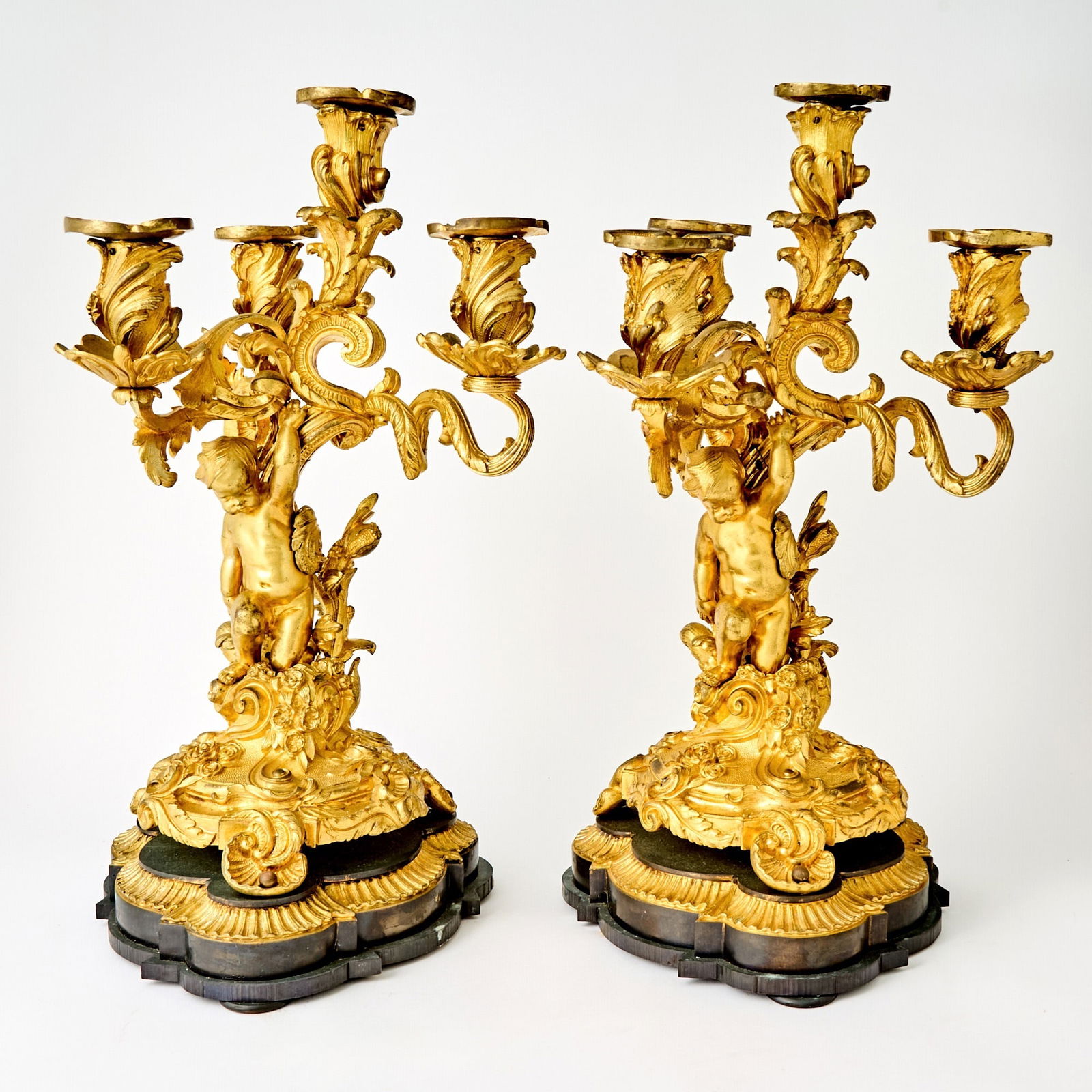 Pair of Louis XV Style Gilt-Bronze Four-Light Candelabra