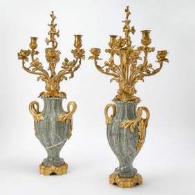 Pair of Louis XV/XVI Transitional Style Two-Handled Marble Urn-Form Six-Light Candelabra