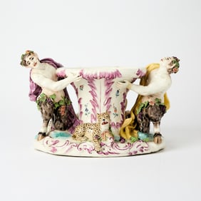 French Ceramic Figural Centerpiece with Nude Maiden, Satyrs and Panther