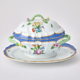 Herend Hand-Painted Porcelain "Printemps Blue Border" Pattern Tureen, Cover and Stand