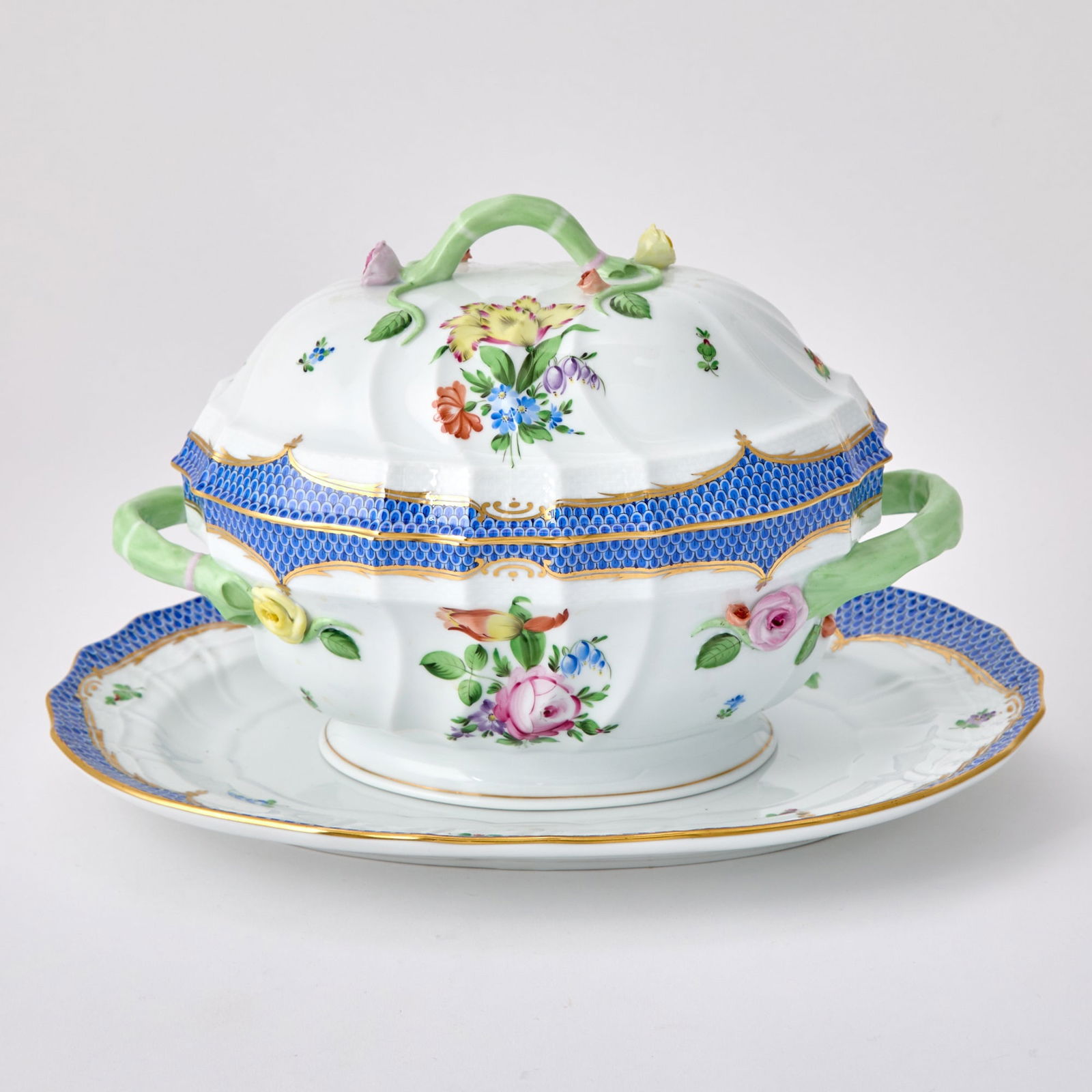 Herend Hand-Painted Porcelain "Printemps Blue Border" Pattern Tureen, Cover and Stand (1 of 4)