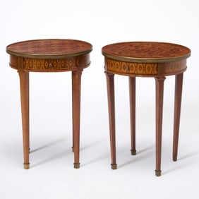 Pair of Louis XVI Style Green-Stained Sycamore and Fruitwood Parquetry Occasional Tables