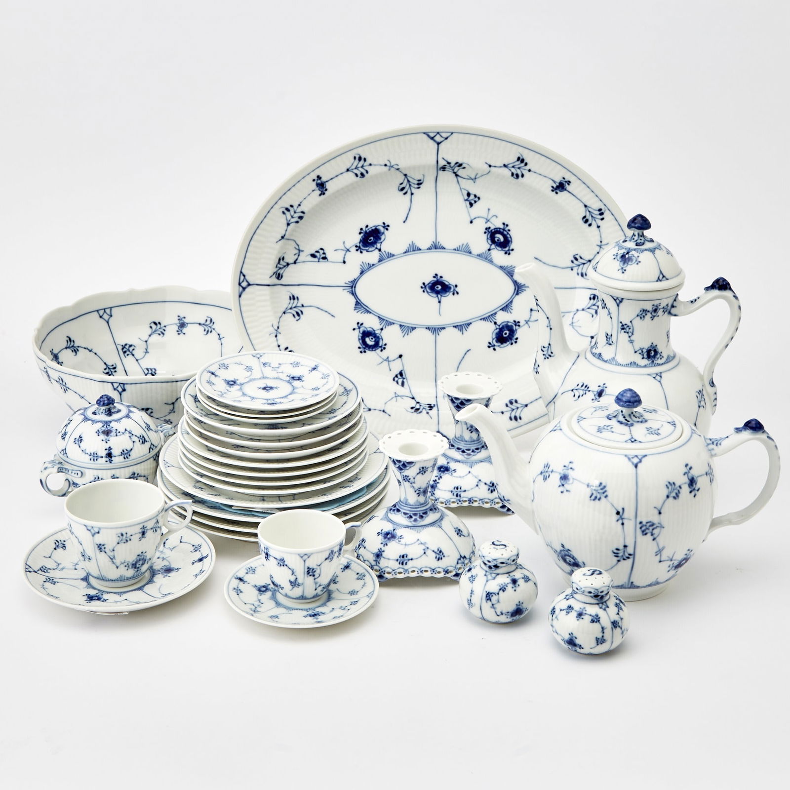 Royal Copenhagen Porcelain "Blue Fluted Plain" Pattern Part Dinner Service: Comprising: Ten dinner plates, diameter 10 inches