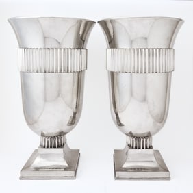 Pair of Oversize Richard Cipolla Art Deco Style Pewter Urns
