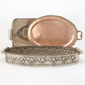 Two Continental Silvered Metal Two-Handled Trays and a Copper and Brass Tray