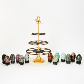 Group of Hardstone Eggs and a Gilt-Metal Stand
