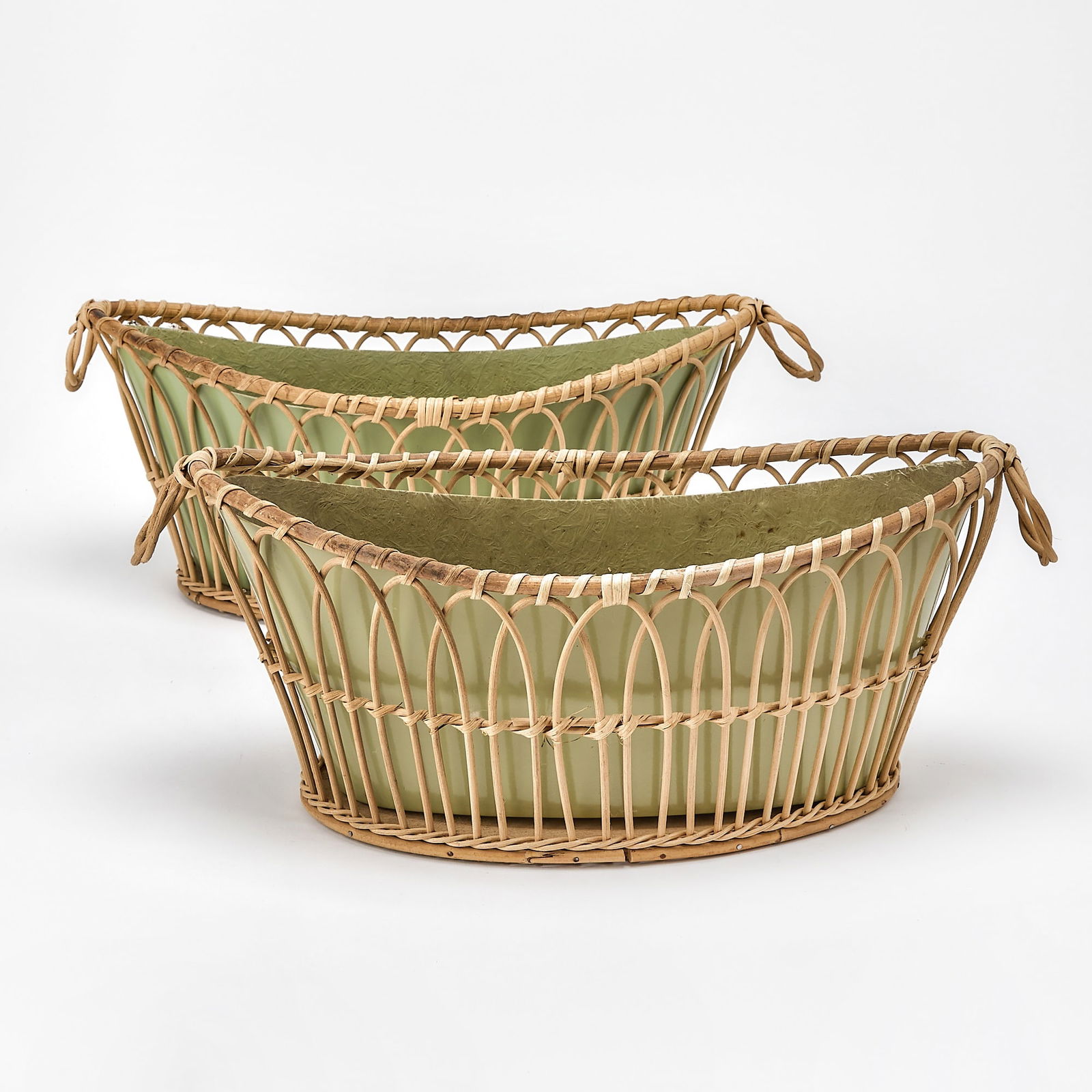 Pair of Colefax & Fowler Rattan and Resin Jardinieres: Height 8 1/4 inches, width 19 1/2 inches.