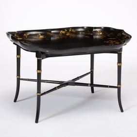 Regency Style Black and Gilt-Decorated Tôle Tray Table