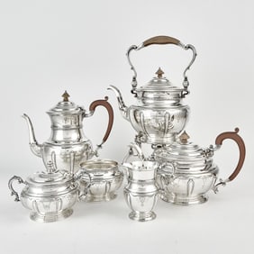 English Sterling Silver and Wood Six-Piece Coffee and Tea Service