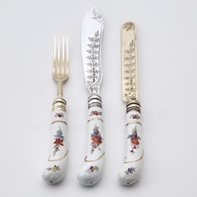 Cased Victorian Sterling Silver Gilt and Porcelain Flatware Service