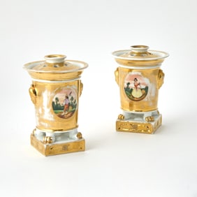 Pair French Gilt-Decorated Porcelain Potpourris