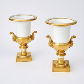 Pair of French Gilt Decorated White Porcelain Vases