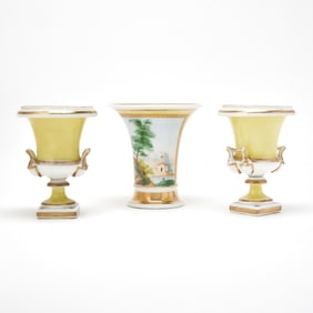 French Gilt Decorated White and Yellow Porcelain Three-Piece Garniture