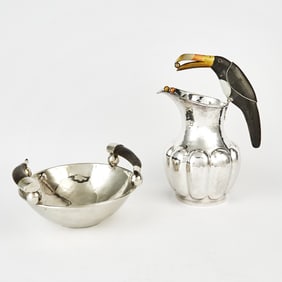 Mexican Silver-Plated Pitcher with Mixed Material Bird Handle