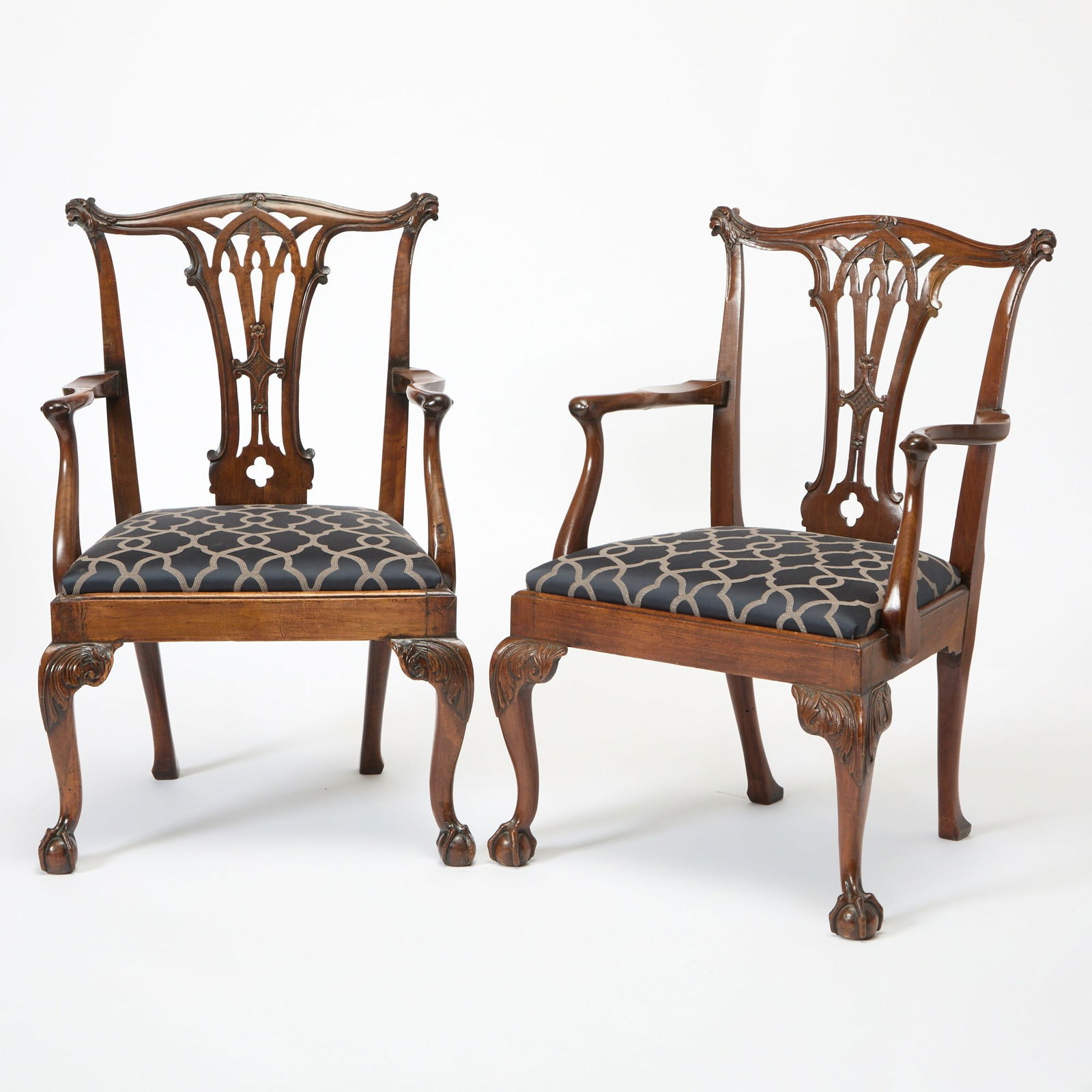 Pair of George III Mahogany Armchairs: Height 38 3/4 inches, width 25 inches, depth of seat 19 inches.