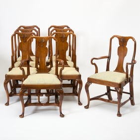 Set of Eight Queen Anne Style Walnut Dining Chairs