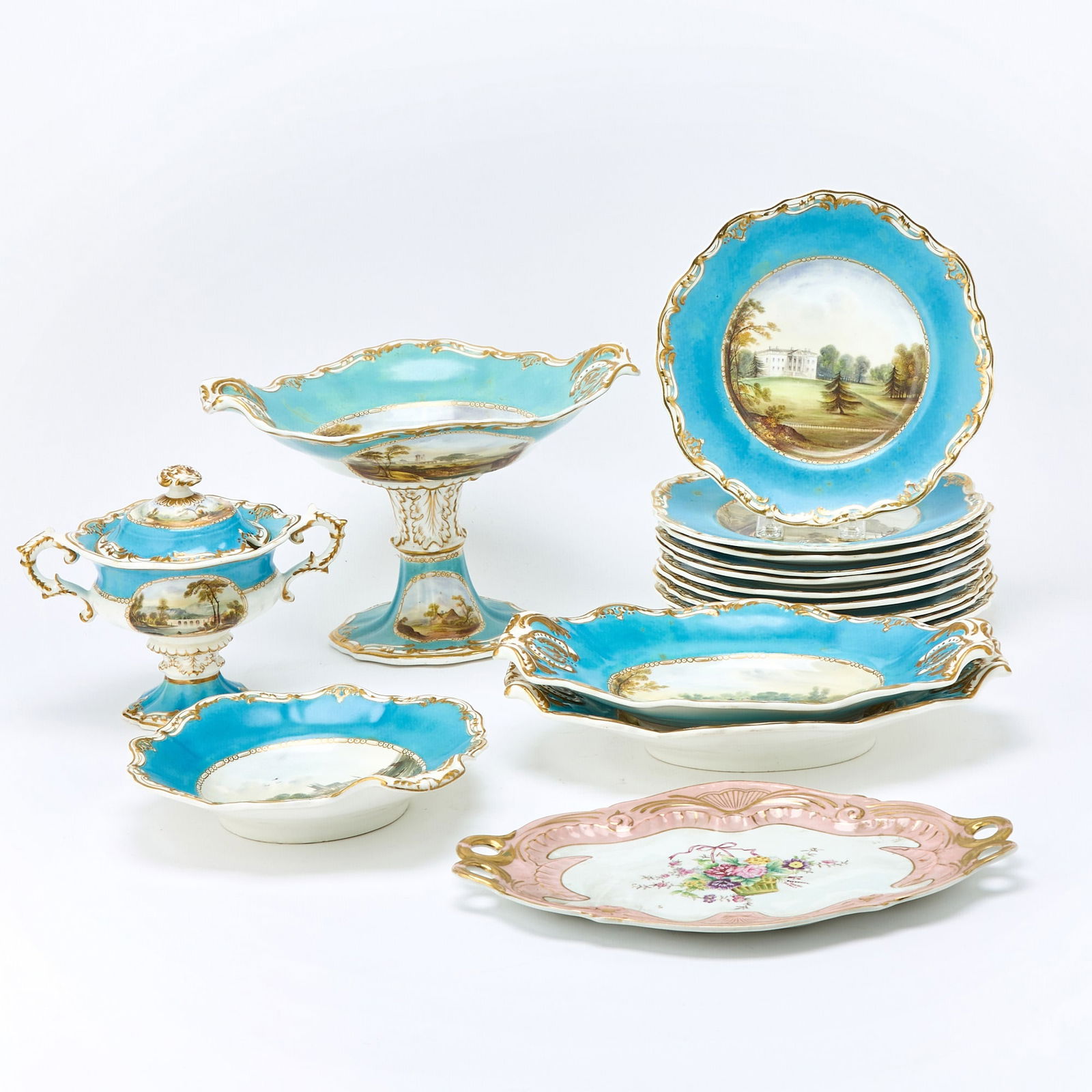 Copeland & Garrett Felspar Porcelain Topographical Sky-Blue Ground Part Dessert Service (1 of 3)