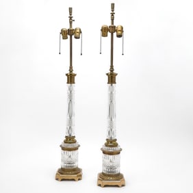 Pair of Warren Kessler Baccarat Style Glass and Gilt Metal Column Lamps
