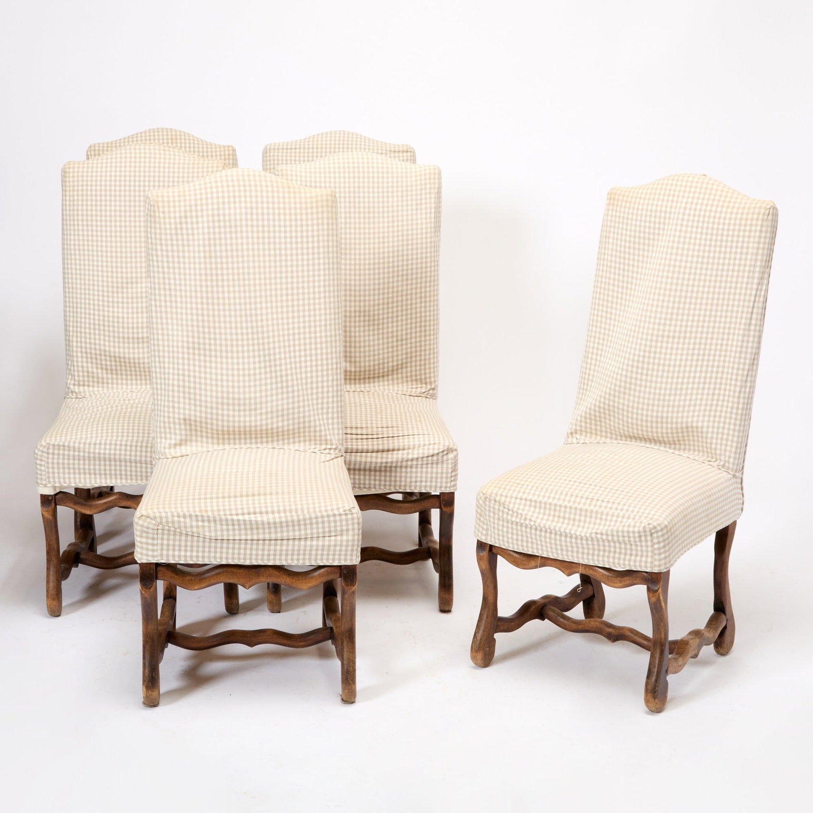 Set of Six Louis XIV Style Dining Chairs: Height 45 inches, width 19 inches, depth of seat 18 inches.