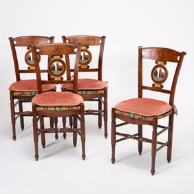 Set of Four Continental Painted Oak and Rush Seat Side Chairs