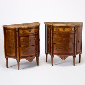 Pair of Louis XVI Style Marble Top Kingwood Marquetry Commodes