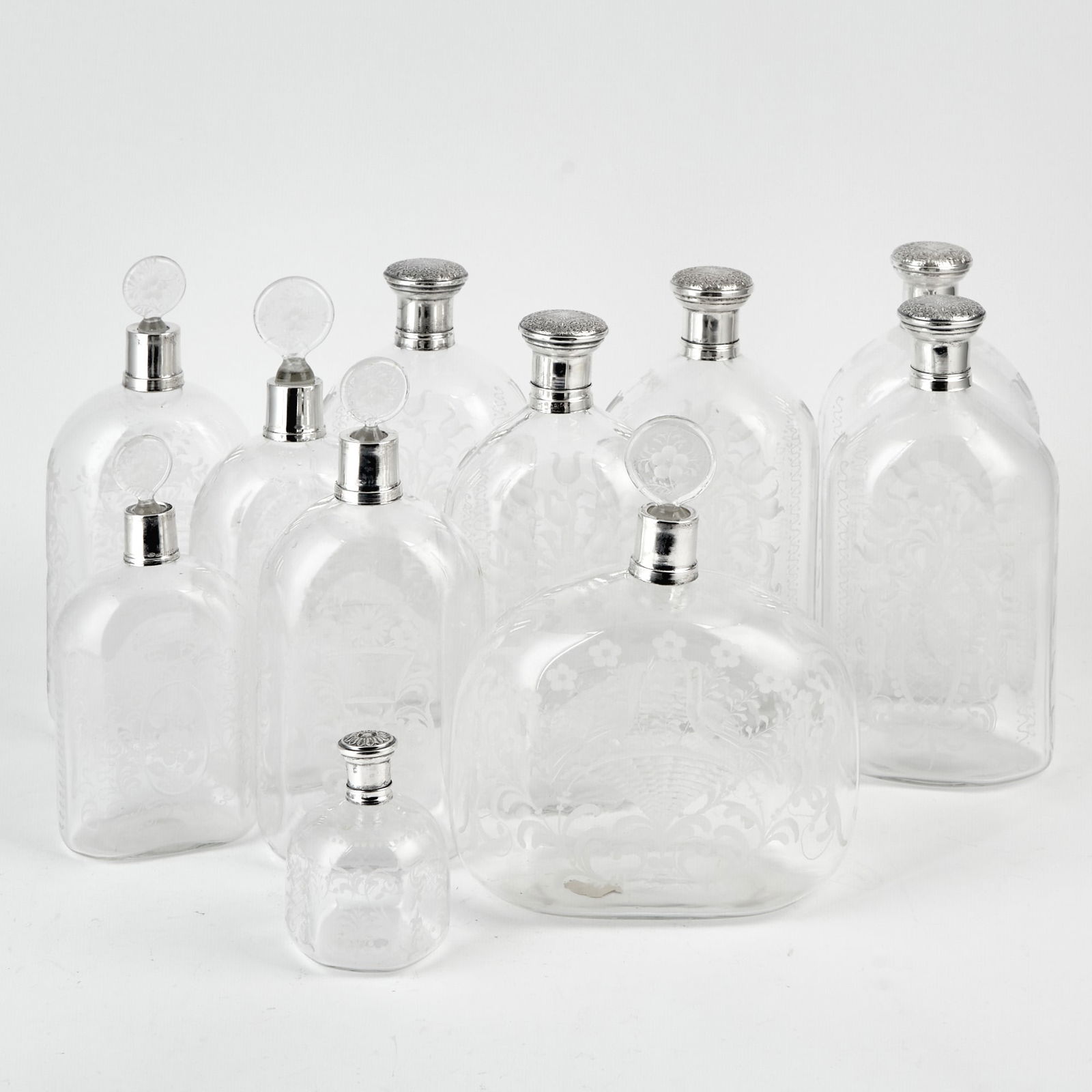 Group of Eleven Etched Glass and Silver Decanters (1 of 4)