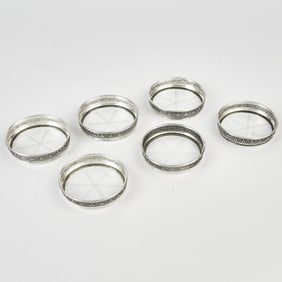 Set of Six Birks Sterling Silver & Glass Coasters