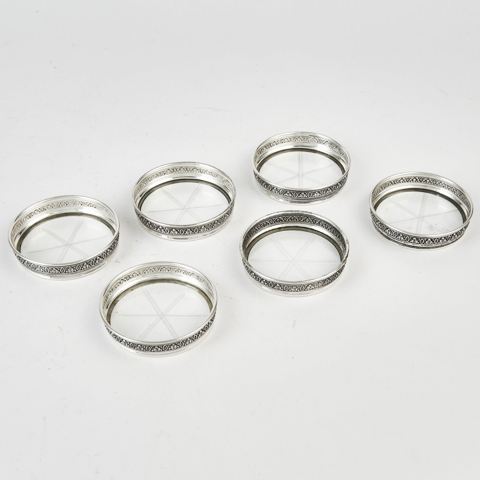 Set of Six Birks Sterling Silver & Glass Coasters (1 of 3)