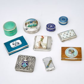 Group of Ten Enameled Silver Boxes and Cases