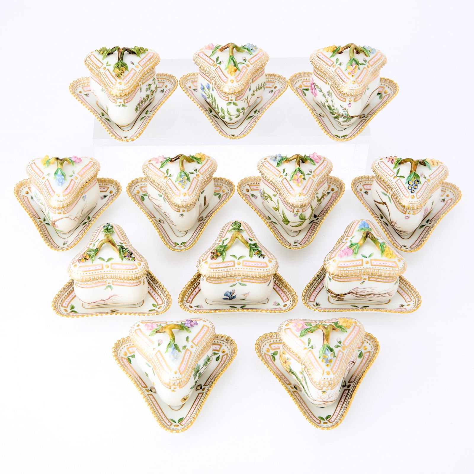 Twelve Royal Copenhagen Porcelain 'Flora Danica' Custard Cups with Stands (1 of 5)