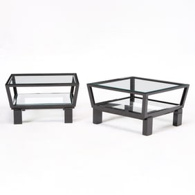 Pair of Glass and Black Lacquer Low Tables