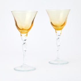 Pair of Italian Hand-Blown Tall Toasting Wine Glasses