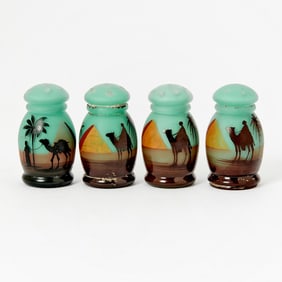 Set of Four Czechoslovakian Blown Glass Salt and Pepper Shakers with Camels and Pyramids