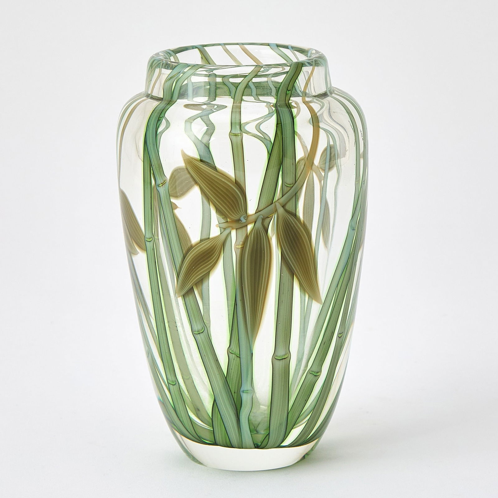 Orient & Flume Blown Glass Paperweight Vase: Of tapering ovoid form, internally decorated with bamboo shoots, signed. Height 7 1/8 nches. Purchase Price: $125 Some cloudiness/mineral stain deposit to the interior side; otherwise, appears to