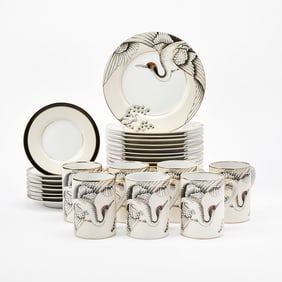 Partial Set of Fitz and Floyd Porcelain "Crane with Pine" Pattern Dessert Ware