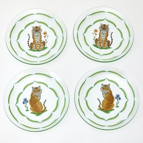 Set of Eight Lynn Chase Glass Transfer Decorated "Tiger" Salad Plates