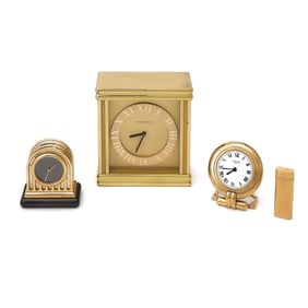 Cartier Art Deco Style Gilt-Metal Desk Clock and Swiss Made Gilt-Metal Cigarette Lighter