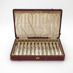 Cased Victorian Sterling Silver and Mother of Pearl Fruit Service