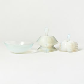 Two Opalescent Perfume Bottles and a Small Circular Dsih