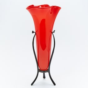 Patinated Metal and Blown Red Glass Flower-Form Vase