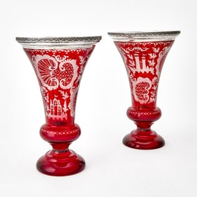 Two Similar Bohemian Style Silver-Mounted Ruby Flashed and Wheel-Engraved Blown Glass Vases