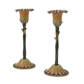 Pair of Glass "Jeweled" and Enameled Metal "Daisy" Candlesticks