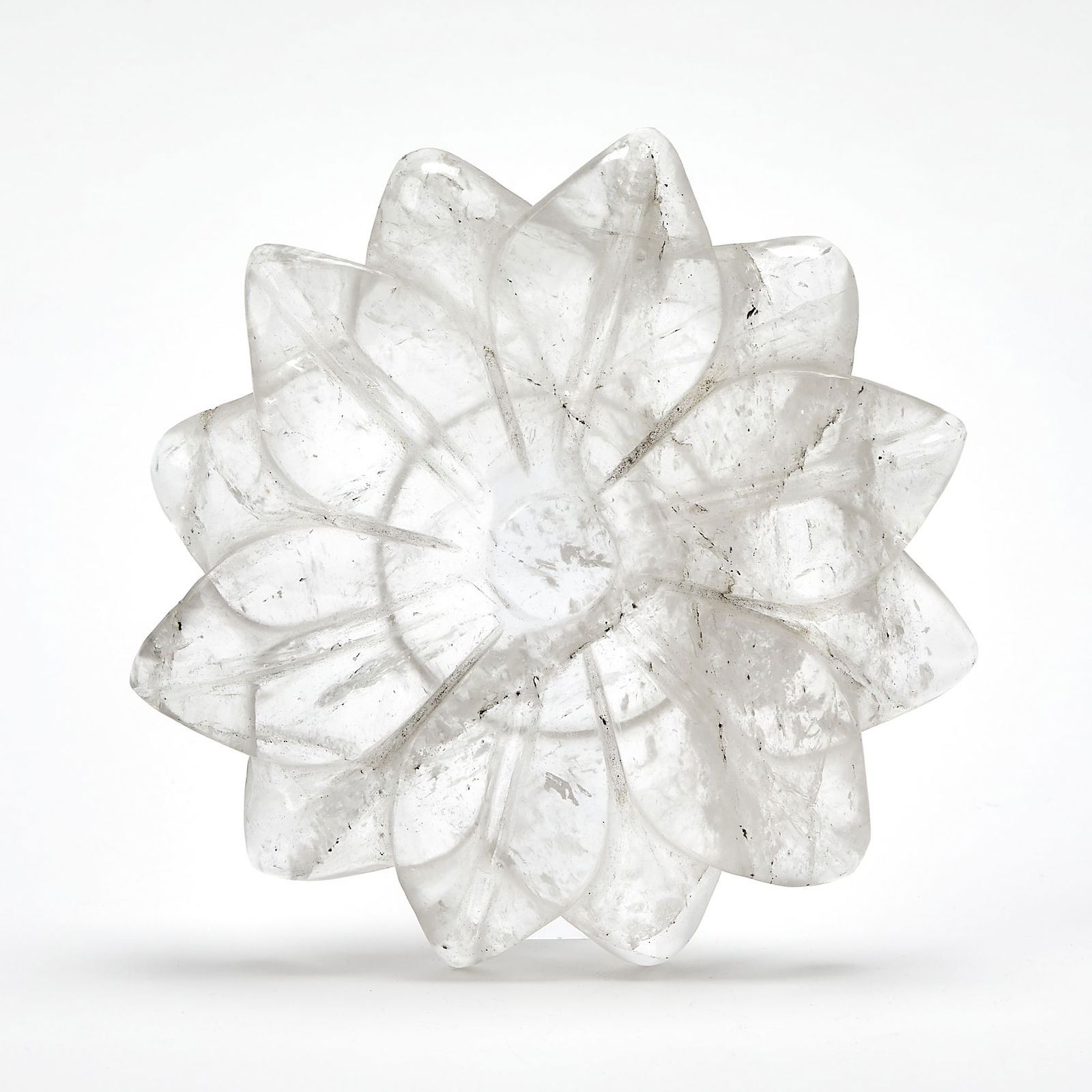Rock Crystal Blossom-Form Table Ornament: Of flattened form, unmarked. Width 7 inches. Appears to be in generally good condition; there is one petal tip that has some "roughness to the touch" to its tip, not of any real consequence; there is
