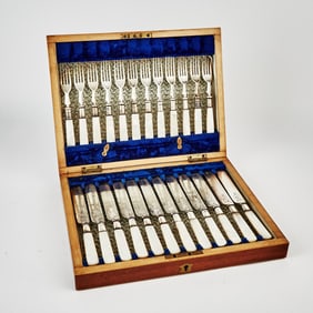 Silver-Plated Fish Utensils with Mother-of-Pearl Handles