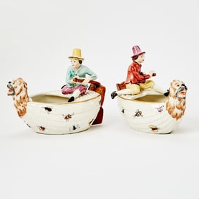 Pair of Chelsea House Porcelain Boat Vases With Figures