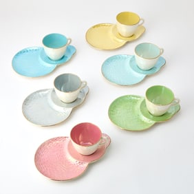 Set of Six English Iridescent Glazed Porcelain Cups and Saucers